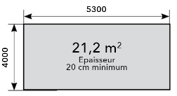 Schéma montrant les dimensions d'une dalle rectangulaire de 21,2 m² avec une épaisseur minimale de 20 cm.